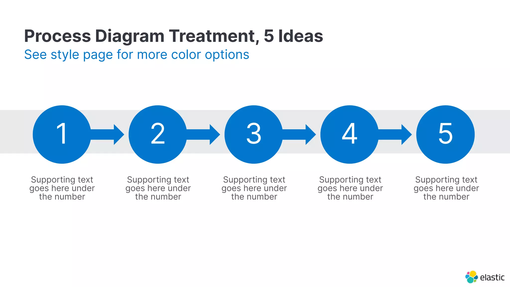 Process Diagram Treatment, 5 Ideas
See style page for more color options
1 2 3 4
Supporting text
goes here under
the number
Supporting text
goes here under
the number
Supporting text
goes here under
the number
Supporting text
goes here under
the number
5
Supporting text
goes here under
the number
 