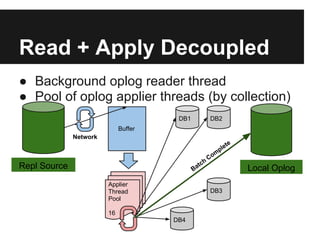 Read + Apply Decoupled
● Background oplog reader thread
● Pool of oplog applier threads (by collection)
Repl Source
Applier
Thread
Pool
16
Buffer
DB4
DB3
DB1 DB2
Local Oplog
Network
Batch
Com
plete
 