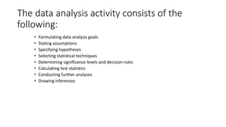 The data analysis activity consists of the
following:
• Formulating data analysis goals
• Stating assumptions
• Specifying hypotheses
• Selecting statistical techniques
• Determining significance levels and decision rules
• Calculating test statistics
• Conducting further analyses
• Drawing inferences
 