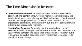 The Time Dimension in Research
• Cross-Sectional Research. In cross-sectional research, researchers
observe at one point in time. Cross-sectional research is usually the
simplest and least costly alternative. Its disadvantage is that it cannot
capture the change processes. Cross-sectional research can be
exploratory, descriptive, or explanatory, but it is most consistent with
a descriptive approach to research.
• Longitudinal Research. Researchers using longitudinal research
examine features of people or other units at more than one time. It is
usually more complex and costly than cross-sectional research but it
is also more powerful, especially when researchers seek answers to
questions about change.
 