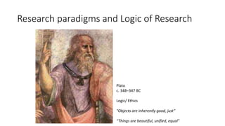 Research paradigms and Logic of Research
Plato
c. 348–347 BC
Logic/ Ethics
“Objects are inherently good, just”
“Things are beautiful, unified, equal”
 