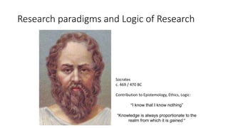 Research paradigms and Logic of Research
Socrates
c. 469 / 470 BC
Contribution to Epistemology, Ethics, Logic:
“I know that I know nothing”
“Knowledge is always proportionate to the
realm from which it is gained.”
 