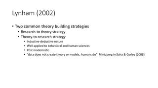 Lynham (2002)
• Two common theory building strategies
• Research-to theory strategy
• Theory-to-research strategy
• Inductive-deductive nature
• Well applied to behavioral and human sciences
• Post modernistic
• “data does not create theory or models, humans do” Mintzberg in Saha & Corley (2006)
 