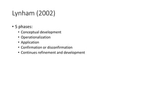 Lynham (2002)
• 5 phases:
• Conceptual development
• Operationalization
• Application
• Confirmation or disconfirmation
• Continues refinement and development
 