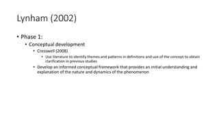Lynham (2002)
• Phase 1:
• Conceptual development
• Cresswell (2008)
• Use literature to identify themes and patterns in definitions and use of the concept to obtain
clarification in previous studies
• Develop an informed conceptual framework that provides an initial understanding and
explanation of the nature and dynamics of the phenomenon
 