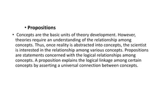 • Propositions
• Concepts are the basic units of theory development. However,
theories require an understanding of the relationship among
concepts. Thus, once reality is abstracted into concepts, the scientist
is interested in the relationship among various concepts. Propositions
are statements concerned with the logical relationships among
concepts. A proposition explains the logical linkage among certain
concepts by asserting a universal connection between concepts.
 