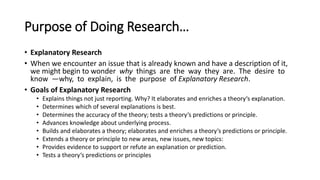 Purpose of Doing Research…
• Explanatory Research
• When we encounter an issue that is already known and have a description of it,
we might begin to wonder why things are the way they are. The desire to
know ―why, to explain, is the purpose of Explanatory Research.
• Goals of Explanatory Research
• Explains things not just reporting. Why? It elaborates and enriches a theory‘s explanation.
• Determines which of several explanations is best.
• Determines the accuracy of the theory; tests a theory‘s predictions or principle.
• Advances knowledge about underlying process.
• Builds and elaborates a theory; elaborates and enriches a theory‘s predictions or principle.
• Extends a theory or principle to new areas, new issues, new topics:
• Provides evidence to support or refute an explanation or prediction.
• Tests a theory‘s predictions or principles
 