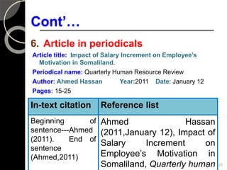 Cont’…
6. Article in periodicals
Article title: Impact of Salary Increment on Employee’s
Motivation in Somaliland.
Periodical name: Quarterly Human Resource Review
Author: Ahmed Hassan Year:2011 Date: January 12
Pages: 15-25
21/12/2021 Assefa T. T (Dr.) 129
In-text citation Reference list
Beginning of
sentence---Ahmed
(2011). End of
sentence
(Ahmed,2011)
Ahmed Hassan
(2011,January 12), Impact of
Salary Increment on
Employee’s Motivation in
Somaliland, Quarterly human
 