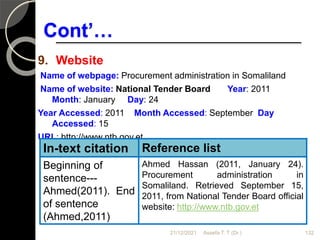 Cont’…
9. Website
Name of webpage: Procurement administration in Somaliland
Name of website: National Tender Board Year: 2011
Month: January Day: 24
Year Accessed: 2011 Month Accessed: September Day
Accessed: 15
URL: http://www.ntb.gov.et
21/12/2021 Assefa T. T (Dr.) 132
In-text citation Reference list
Beginning of
sentence---
Ahmed(2011). End
of sentence
(Ahmed,2011)
Ahmed Hassan (2011, January 24).
Procurement administration in
Somaliland. Retrieved September 15,
2011, from National Tender Board official
website: http://www.ntb.gov.et
 