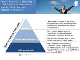 Advanced Resources is determined to
create a staffing experience unlike
any other. Simply said, we’re
obsessed with Excellence




                                               “Experience Excellence” is our culture.
                                                Hiring can be a hassle. Advanced creates
                                                ways to make your experience with us
                                                unlike any other
                     Experience
                                               Every process is automated and
                                                streamlined, thanks to Advanced’s
                                                investments in the best technology
                                               Our world-class Shared Services team
              Technology & Infrastructure
                                                strives to exceed our clients’ needs
                                               MAD About Quality is Advanced’s
                                                automated process for gathering
                                                quantifiable feedback on every placement.
                 MAD About Quality              We don’t think we’re the best, we KNOW it
                                                and we can SHOW it
 
