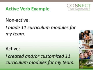 Active Verb Example

Non-active:
I made 11 curriculum modules for
my team.

Active:
I created and/or customized 11
curriculum modules for my team.
 
