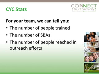 CYC Stats

For your team, we can tell you:
• The number of people trained
• The number of SBAs
• The number of people reached in
  outreach efforts
 
