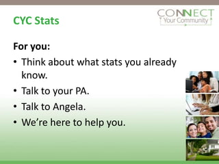 CYC Stats

For you:
• Think about what stats you already
  know.
• Talk to your PA.
• Talk to Angela.
• We’re here to help you.
 