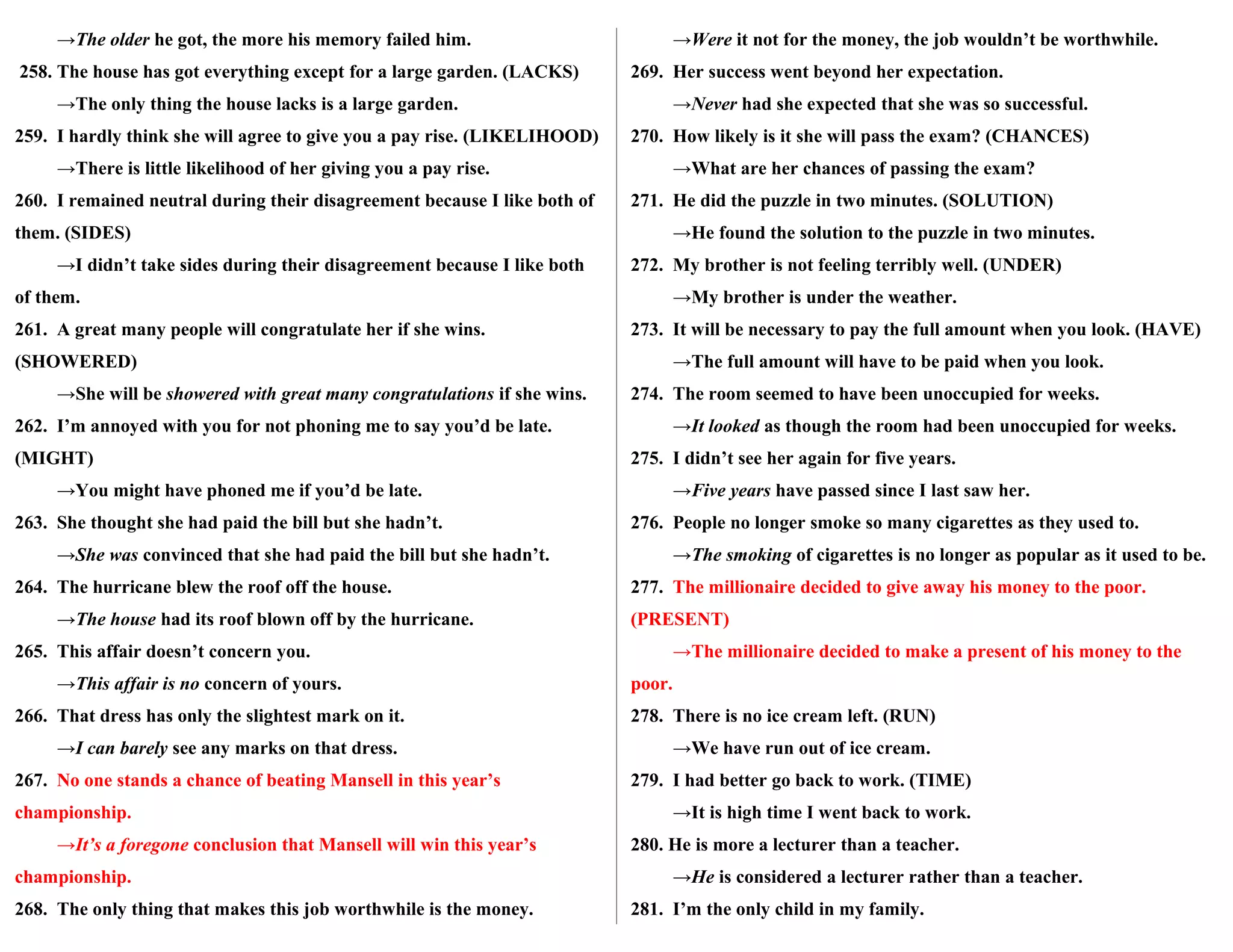 →The older he got, the more his memory failed him.
258. The house has got everything except for a large garden. (LACKS)
→The only thing the house lacks is a large garden.
259. I hardly think she will agree to give you a pay rise. (LIKELIHOOD)
→There is little likelihood of her giving you a pay rise.
260. I remained neutral during their disagreement because I like both of
them. (SIDES)
→I didn’t take sides during their disagreement because I like both
of them.
261. A great many people will congratulate her if she wins.
(SHOWERED)
→She will be showered with great many congratulations if she wins.
262. I’m annoyed with you for not phoning me to say you’d be late.
(MIGHT)
→You might have phoned me if you’d be late.
263. She thought she had paid the bill but she hadn’t.
→She was convinced that she had paid the bill but she hadn’t.
264. The hurricane blew the roof off the house.
→The house had its roof blown off by the hurricane.
265. This affair doesn’t concern you.
→This affair is no concern of yours.
266. That dress has only the slightest mark on it.
→I can barely see any marks on that dress.
267. No one stands a chance of beating Mansell in this year’s
championship.
→It’s a foregone conclusion that Mansell will win this year’s
championship.
268. The only thing that makes this job worthwhile is the money.
→Were it not for the money, the job wouldn’t be worthwhile.
269. Her success went beyond her expectation.
→Never had she expected that she was so successful.
270. How likely is it she will pass the exam? (CHANCES)
→What are her chances of passing the exam?
271. He did the puzzle in two minutes. (SOLUTION)
→He found the solution to the puzzle in two minutes.
272. My brother is not feeling terribly well. (UNDER)
→My brother is under the weather.
273. It will be necessary to pay the full amount when you look. (HAVE)
→The full amount will have to be paid when you look.
274. The room seemed to have been unoccupied for weeks.
→It looked as though the room had been unoccupied for weeks.
275. I didn’t see her again for five years.
→Five years have passed since I last saw her.
276. People no longer smoke so many cigarettes as they used to.
→The smoking of cigarettes is no longer as popular as it used to be.
277. The millionaire decided to give away his money to the poor.
(PRESENT)
→The millionaire decided to make a present of his money to the
poor.
278. There is no ice cream left. (RUN)
→We have run out of ice cream.
279. I had better go back to work. (TIME)
→It is high time I went back to work.
280. He is more a lecturer than a teacher.
→He is considered a lecturer rather than a teacher.
281. I’m the only child in my family.
 