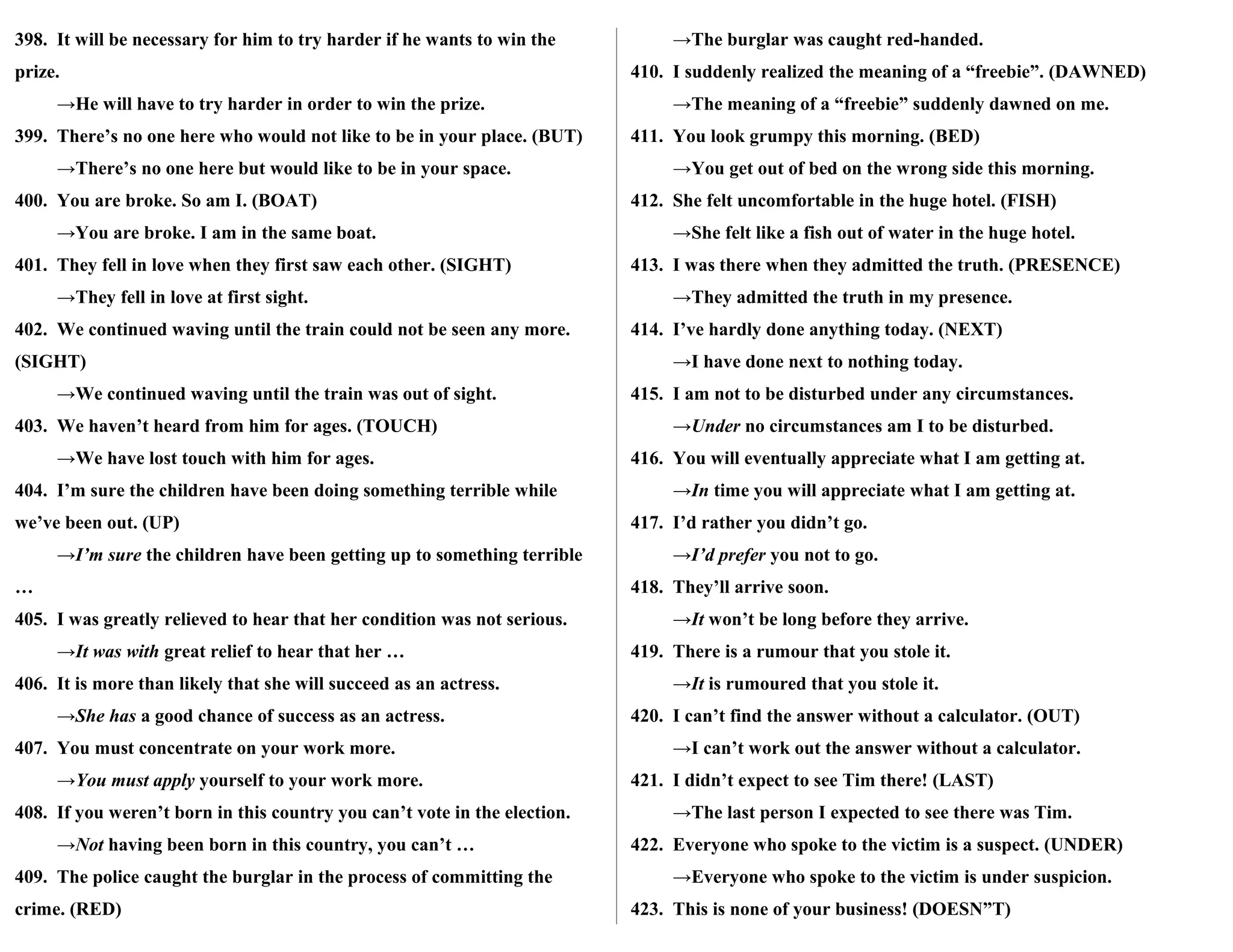398. It will be necessary for him to try harder if he wants to win the
prize.
→He will have to try harder in order to win the prize.
399. There’s no one here who would not like to be in your place. (BUT)
→There’s no one here but would like to be in your space.
400. You are broke. So am I. (BOAT)
→You are broke. I am in the same boat.
401. They fell in love when they first saw each other. (SIGHT)
→They fell in love at first sight.
402. We continued waving until the train could not be seen any more.
(SIGHT)
→We continued waving until the train was out of sight.
403. We haven’t heard from him for ages. (TOUCH)
→We have lost touch with him for ages.
404. I’m sure the children have been doing something terrible while
we’ve been out. (UP)
→I’m sure the children have been getting up to something terrible
…
405. I was greatly relieved to hear that her condition was not serious.
→It was with great relief to hear that her …
406. It is more than likely that she will succeed as an actress.
→She has a good chance of success as an actress.
407. You must concentrate on your work more.
→You must apply yourself to your work more.
408. If you weren’t born in this country you can’t vote in the election.
→Not having been born in this country, you can’t …
409. The police caught the burglar in the process of committing the
crime. (RED)
→The burglar was caught red-handed.
410. I suddenly realized the meaning of a “freebie”. (DAWNED)
→The meaning of a “freebie” suddenly dawned on me.
411. You look grumpy this morning. (BED)
→You get out of bed on the wrong side this morning.
412. She felt uncomfortable in the huge hotel. (FISH)
→She felt like a fish out of water in the huge hotel.
413. I was there when they admitted the truth. (PRESENCE)
→They admitted the truth in my presence.
414. I’ve hardly done anything today. (NEXT)
→I have done next to nothing today.
415. I am not to be disturbed under any circumstances.
→Under no circumstances am I to be disturbed.
416. You will eventually appreciate what I am getting at.
→In time you will appreciate what I am getting at.
417. I’d rather you didn’t go.
→I’d prefer you not to go.
418. They’ll arrive soon.
→It won’t be long before they arrive.
419. There is a rumour that you stole it.
→It is rumoured that you stole it.
420. I can’t find the answer without a calculator. (OUT)
→I can’t work out the answer without a calculator.
421. I didn’t expect to see Tim there! (LAST)
→The last person I expected to see there was Tim.
422. Everyone who spoke to the victim is a suspect. (UNDER)
→Everyone who spoke to the victim is under suspicion.
423. This is none of your business! (DOESN”T)
 