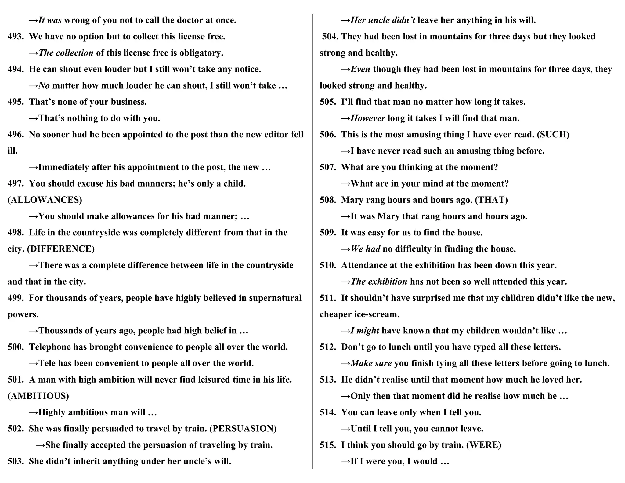 →It was wrong of you not to call the doctor at once.
493. We have no option but to collect this license free.
→The collection of this license free is obligatory.
494. He can shout even louder but I still won’t take any notice.
→No matter how much louder he can shout, I still won’t take …
495. That’s none of your business.
→That’s nothing to do with you.
496. No sooner had he been appointed to the post than the new editor fell
ill.
→Immediately after his appointment to the post, the new …
497. You should excuse his bad manners; he’s only a child.
(ALLOWANCES)
→You should make allowances for his bad manner; …
498. Life in the countryside was completely different from that in the
city. (DIFFERENCE)
→There was a complete difference between life in the countryside
and that in the city.
499. For thousands of years, people have highly believed in supernatural
powers.
→Thousands of years ago, people had high belief in …
500. Telephone has brought convenience to people all over the world.
→Tele has been convenient to people all over the world.
501. A man with high ambition will never find leisured time in his life.
(AMBITIOUS)
→Highly ambitious man will …
502. She was finally persuaded to travel by train. (PERSUASION)
→She finally accepted the persuasion of traveling by train.
503. She didn’t inherit anything under her uncle’s will.
→Her uncle didn’t leave her anything in his will.
504. They had been lost in mountains for three days but they looked
strong and healthy.
→Even though they had been lost in mountains for three days, they
looked strong and healthy.
505. I’ll find that man no matter how long it takes.
→However long it takes I will find that man.
506. This is the most amusing thing I have ever read. (SUCH)
→I have never read such an amusing thing before.
507. What are you thinking at the moment?
→What are in your mind at the moment?
508. Mary rang hours and hours ago. (THAT)
→It was Mary that rang hours and hours ago.
509. It was easy for us to find the house.
→We had no difficulty in finding the house.
510. Attendance at the exhibition has been down this year.
→The exhibition has not been so well attended this year.
511. It shouldn’t have surprised me that my children didn’t like the new,
cheaper ice-scream.
→I might have known that my children wouldn’t like …
512. Don’t go to lunch until you have typed all these letters.
→Make sure you finish tying all these letters before going to lunch.
513. He didn’t realise until that moment how much he loved her.
→Only then that moment did he realise how much he …
514. You can leave only when I tell you.
→Until I tell you, you cannot leave.
515. I think you should go by train. (WERE)
→If I were you, I would …
 