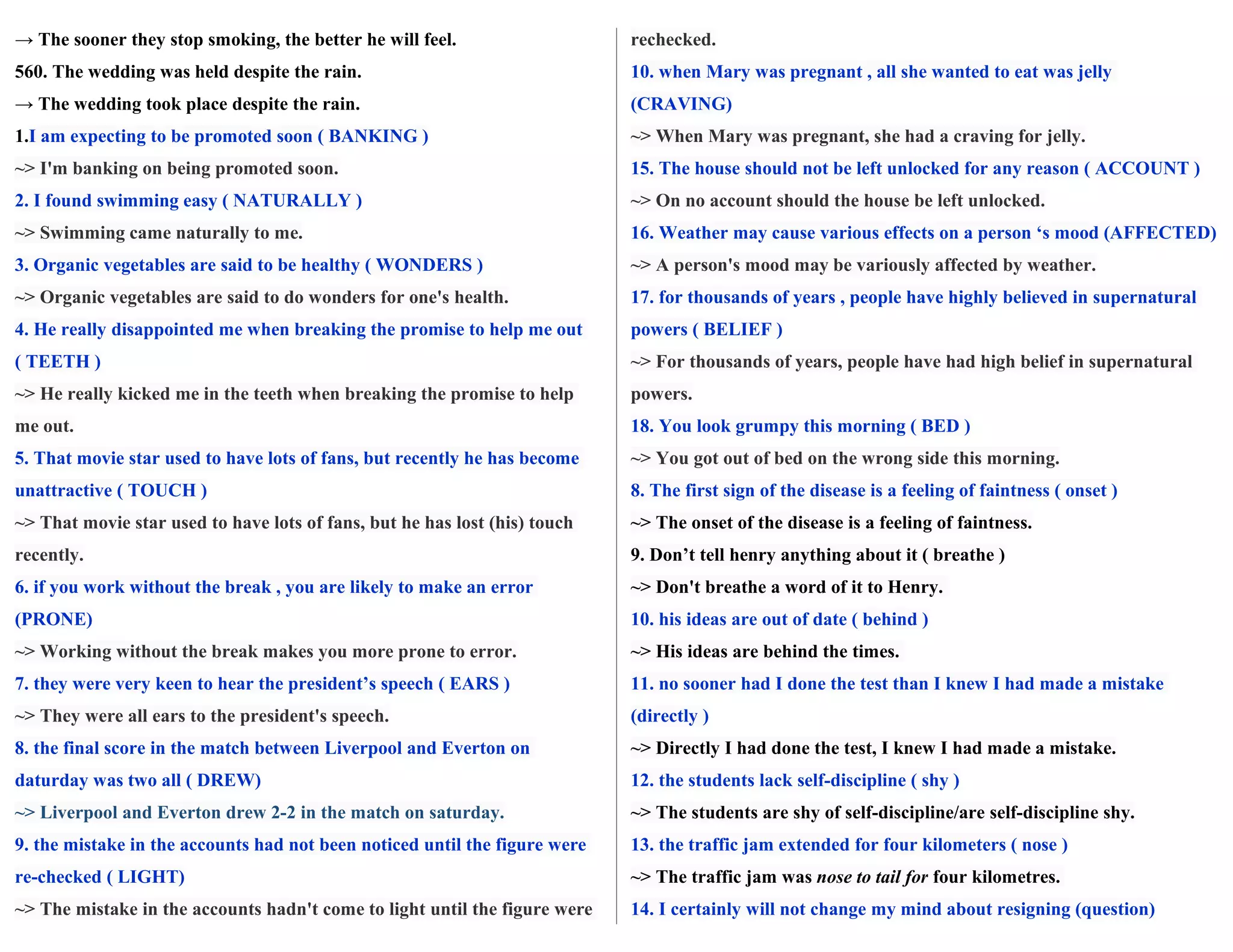 → The sooner they stop smoking, the better he will feel.
560. The wedding was held despite the rain.
→ The wedding took place despite the rain.
1.I am expecting to be promoted soon ( BANKING )
~> I'm banking on being promoted soon.
2. I found swimming easy ( NATURALLY )
~> Swimming came naturally to me.
3. Organic vegetables are said to be healthy ( WONDERS )
~> Organic vegetables are said to do wonders for one's health.
4. He really disappointed me when breaking the promise to help me out
( TEETH )
~> He really kicked me in the teeth when breaking the promise to help
me out.
5. That movie star used to have lots of fans, but recently he has become
unattractive ( TOUCH )
~> That movie star used to have lots of fans, but he has lost (his) touch
recently.
6. if you work without the break , you are likely to make an error
(PRONE)
~> Working without the break makes you more prone to error.
7. they were very keen to hear the president’s speech ( EARS )
~> They were all ears to the president's speech.
8. the final score in the match between Liverpool and Everton on
daturday was two all ( DREW)
~> Liverpool and Everton drew 2-2 in the match on saturday.
9. the mistake in the accounts had not been noticed until the figure were
re-checked ( LIGHT)
~> The mistake in the accounts hadn't come to light until the figure were
rechecked.
10. when Mary was pregnant , all she wanted to eat was jelly
(CRAVING)
~> When Mary was pregnant, she had a craving for jelly.
15. The house should not be left unlocked for any reason ( ACCOUNT )
~> On no account should the house be left unlocked.
16. Weather may cause various effects on a person ‘s mood (AFFECTED)
~> A person's mood may be variously affected by weather.
17. for thousands of years , people have highly believed in supernatural
powers ( BELIEF )
~> For thousands of years, people have had high belief in supernatural
powers.
18. You look grumpy this morning ( BED )
~> You got out of bed on the wrong side this morning.
8. The first sign of the disease is a feeling of faintness ( onset )
~> The onset of the disease is a feeling of faintness.
9. Don’t tell henry anything about it ( breathe )
~> Don't breathe a word of it to Henry.
10. his ideas are out of date ( behind )
~> His ideas are behind the times.
11. no sooner had I done the test than I knew I had made a mistake
(directly )
~> Directly I had done the test, I knew I had made a mistake.
12. the students lack self-discipline ( shy )
~> The students are shy of self-discipline/are self-discipline shy.
13. the traffic jam extended for four kilometers ( nose )
~> The traffic jam was nose to tail for four kilometres.
14. I certainly will not change my mind about resigning (question)
 