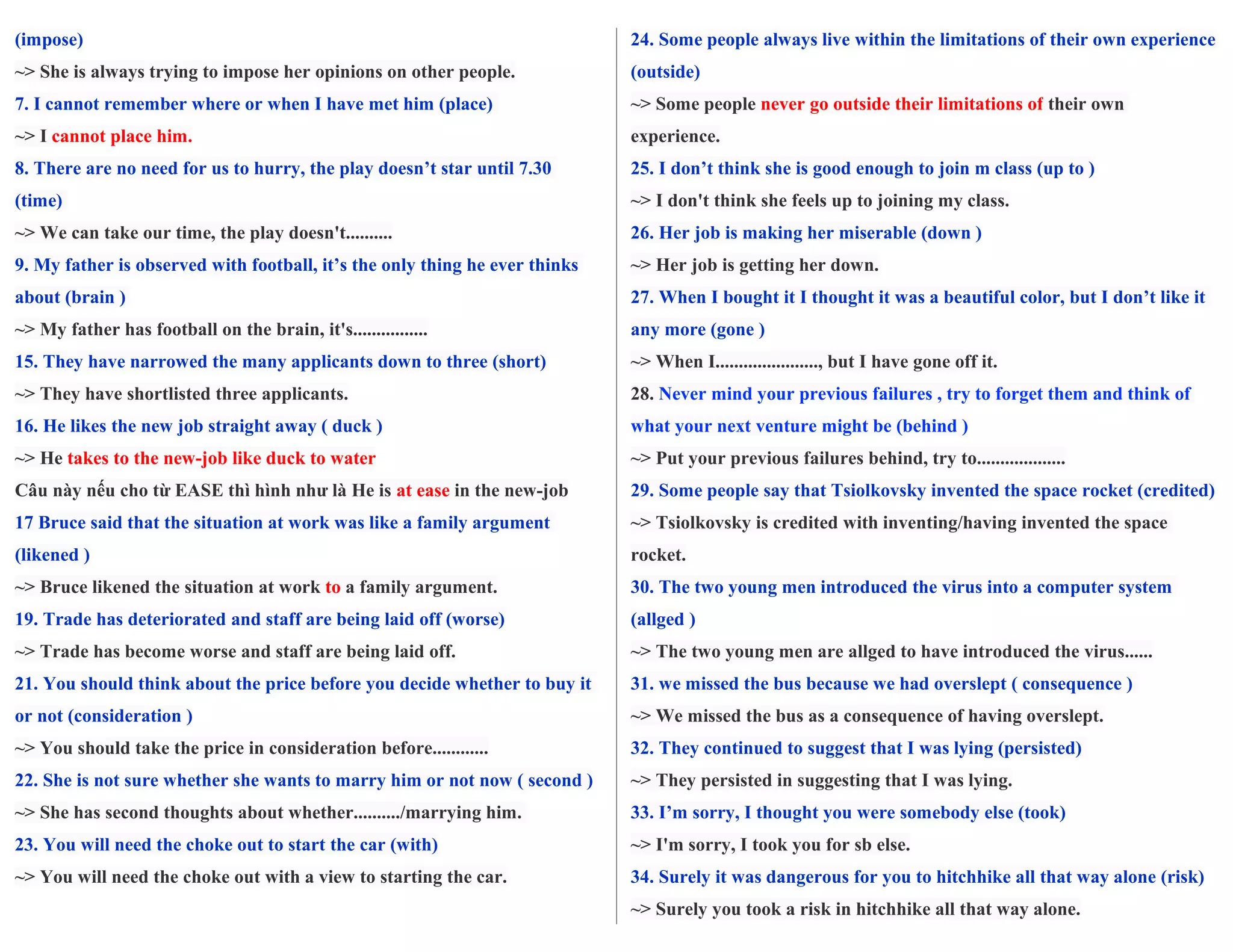 (impose)
~> She is always trying to impose her opinions on other people.
7. I cannot remember where or when I have met him (place)
~> I cannot place him.
8. There are no need for us to hurry, the play doesn’t star until 7.30
(time)
~> We can take our time, the play doesn't..........
9. My father is observed with football, it’s the only thing he ever thinks
about (brain )
~> My father has football on the brain, it's................
15. They have narrowed the many applicants down to three (short)
~> They have shortlisted three applicants.
16. He likes the new job straight away ( duck )
~> He takes to the new-job like duck to water
Câu này nếu cho từ EASE thì hình như là He is at ease in the new-job
17 Bruce said that the situation at work was like a family argument
(likened )
~> Bruce likened the situation at work to a family argument.
19. Trade has deteriorated and staff are being laid off (worse)
~> Trade has become worse and staff are being laid off.
21. You should think about the price before you decide whether to buy it
or not (consideration )
~> You should take the price in consideration before............
22. She is not sure whether she wants to marry him or not now ( second )
~> She has second thoughts about whether........../marrying him.
23. You will need the choke out to start the car (with)
~> You will need the choke out with a view to starting the car.
24. Some people always live within the limitations of their own experience
(outside)
~> Some people never go outside their limitations of their own
experience.
25. I don’t think she is good enough to join m class (up to )
~> I don't think she feels up to joining my class.
26. Her job is making her miserable (down )
~> Her job is getting her down.
27. When I bought it I thought it was a beautiful color, but I don’t like it
any more (gone )
~> When I......................, but I have gone off it.
28. Never mind your previous failures , try to forget them and think of
what your next venture might be (behind )
~> Put your previous failures behind, try to...................
29. Some people say that Tsiolkovsky invented the space rocket (credited)
~> Tsiolkovsky is credited with inventing/having invented the space
rocket.
30. The two young men introduced the virus into a computer system
(allged )
~> The two young men are allged to have introduced the virus......
31. we missed the bus because we had overslept ( consequence )
~> We missed the bus as a consequence of having overslept.
32. They continued to suggest that I was lying (persisted)
~> They persisted in suggesting that I was lying.
33. I’m sorry, I thought you were somebody else (took)
~> I'm sorry, I took you for sb else.
34. Surely it was dangerous for you to hitchhike all that way alone (risk)
~> Surely you took a risk in hitchhike all that way alone.
 