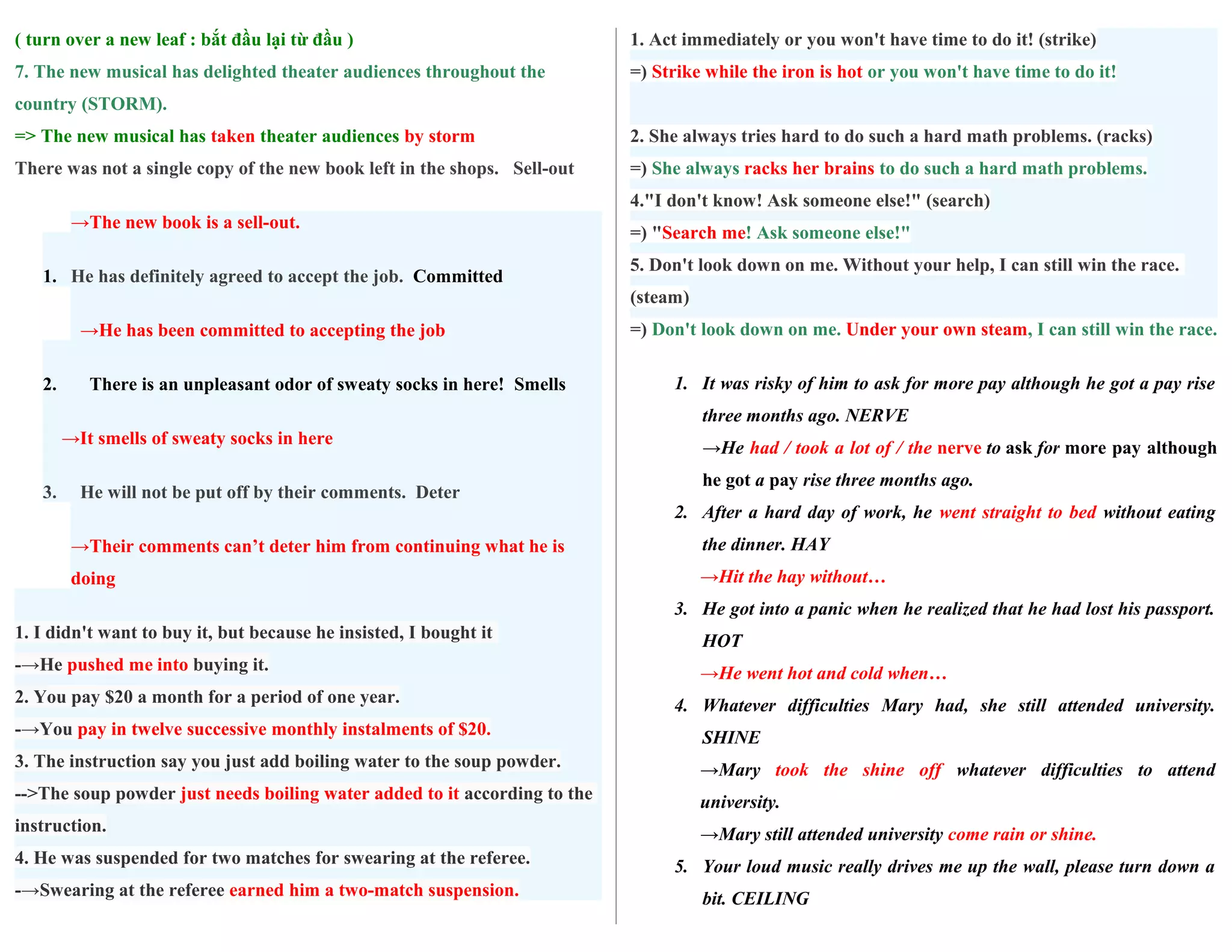 ( turn over a new leaf : bắt đầu lại từ đầu )
7. The new musical has delighted theater audiences throughout the
country (STORM).
=> The new musical has taken theater audiences by storm
There was not a single copy of the new book left in the shops. Sell-out
→The new book is a sell-out.
1. He has definitely agreed to accept the job. Committed
→He has been committed to accepting the job
2. There is an unpleasant odor of sweaty socks in here! Smells
→It smells of sweaty socks in here
3. He will not be put off by their comments. Deter
→Their comments can’t deter him from continuing what he is
doing
1. I didn't want to buy it, but because he insisted, I bought it
-→He pushed me into buying it.
2. You pay $20 a month for a period of one year.
-→You pay in twelve successive monthly instalments of $20.
3. The instruction say you just add boiling water to the soup powder.
-->The soup powder just needs boiling water added to it according to the
instruction.
4. He was suspended for two matches for swearing at the referee.
-→Swearing at the referee earned him a two-match suspension.
1. Act immediately or you won't have time to do it! (strike)
=) Strike while the iron is hot or you won't have time to do it!
2. She always tries hard to do such a hard math problems. (racks)
=) She always racks her brains to do such a hard math problems.
4."I don't know! Ask someone else!" (search)
=) "Search me! Ask someone else!"
5. Don't look down on me. Without your help, I can still win the race.
(steam)
=) Don't look down on me. Under your own steam, I can still win the race.
1. It was risky of him to ask for more pay although he got a pay rise
three months ago. NERVE
→He had / took a lot of / the nerve to ask for more pay although
he got a pay rise three months ago.
2. After a hard day of work, he went straight to bed without eating
the dinner. HAY
→Hit the hay without…
3. He got into a panic when he realized that he had lost his passport.
HOT
→He went hot and cold when…
4. Whatever difficulties Mary had, she still attended university.
SHINE
→Mary took the shine off whatever difficulties to attend
university.
→Mary still attended university come rain or shine.
5. Your loud music really drives me up the wall, please turn down a
bit. CEILING
 