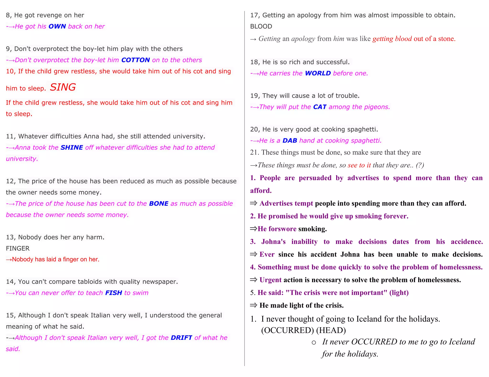 8, He got revenge on her
-→He got his OWN back on her
9, Don't overprotect the boy-let him play with the others
-→Don't overprotect the boy-let him COTTON on to the others
10, If the child grew restless, she would take him out of his cot and sing
him to sleep. SING
If the child grew restless, she would take him out of his cot and sing him
to sleep.
11, Whatever difficulties Anna had, she still attended university.
-→Anna took the SHINE off whatever difficulties she had to attend
university.
12, The price of the house has been reduced as much as possible because
the owner needs some money.
-→The price of the house has been cut to the BONE as much as possible
because the owner needs some money.
13, Nobody does her any harm.
FINGER
→Nobody has laid a finger on her.
14, You can't compare tabloids with quality newspaper.
-→You can never offer to teach FISH to swim
15, Although I don't speak Italian very well, I understood the general
meaning of what he said.
-→Although I don't speak Italian very well, I got the DRIFT of what he
said.
17, Getting an apology from him was almost impossible to obtain.
BLOOD
→ Getting an apology from him was like getting blood out of a stone.
18, He is so rich and successful.
-→He carries the WORLD before one.
19, They will cause a lot of trouble.
-→They will put the CAT among the pigeons.
20, He is very good at cooking spaghetti.
-→He is a DAB hand at cooking spaghetti.
21. These things must be done, so make sure that they are
→These things must be done, so see to it that they are.. (?)
1. People are persuaded by advertises to spend more than they can
afford.
Advertises tempt people into spending more than they can afford.
2. He promised he would give up smoking forever.
He forswore smoking.
3. Johna's inability to make decisions dates from his accidence.
Ever since his accident Johna has been unable to make decisions.
4. Something must be done quickly to solve the problem of homelessness.
Urgent action is necessary to solve the problem of homelessness.
5. He said: "The crisis were not important" (light)
He made light of the crisis.
1. I never thought of going to Iceland for the holidays.
(OCCURRED) (HEAD)
o It never OCCURRED to me to go to Iceland
for the holidays.
 