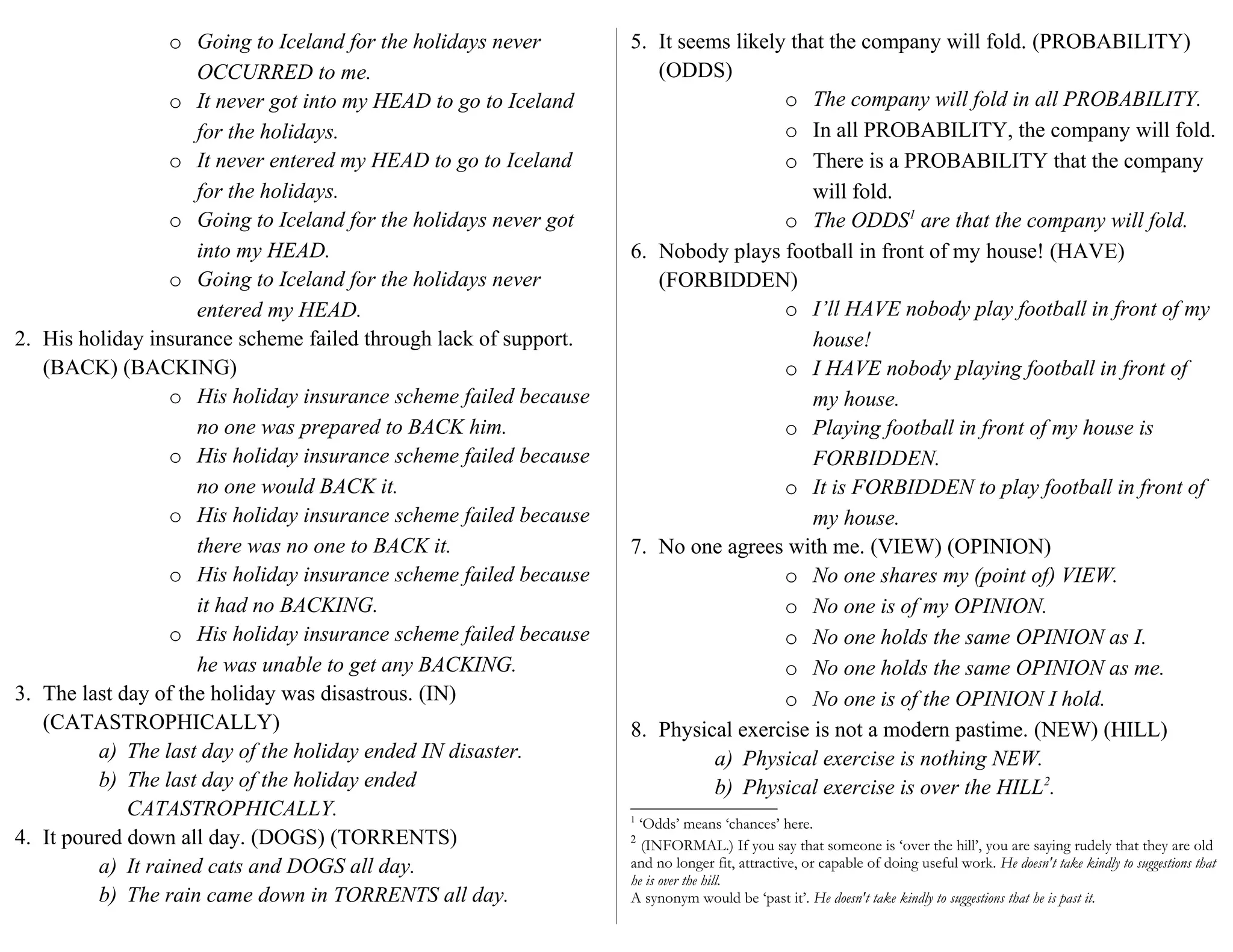 o Going to Iceland for the holidays never
OCCURRED to me.
o It never got into my HEAD to go to Iceland
for the holidays.
o It never entered my HEAD to go to Iceland
for the holidays.
o Going to Iceland for the holidays never got
into my HEAD.
o Going to Iceland for the holidays never
entered my HEAD.
2. His holiday insurance scheme failed through lack of support.
(BACK) (BACKING)
o His holiday insurance scheme failed because
no one was prepared to BACK him.
o His holiday insurance scheme failed because
no one would BACK it.
o His holiday insurance scheme failed because
there was no one to BACK it.
o His holiday insurance scheme failed because
it had no BACKING.
o His holiday insurance scheme failed because
he was unable to get any BACKING.
3. The last day of the holiday was disastrous. (IN)
(CATASTROPHICALLY)
a) The last day of the holiday ended IN disaster.
b) The last day of the holiday ended
CATASTROPHICALLY.
4. It poured down all day. (DOGS) (TORRENTS)
a) It rained cats and DOGS all day.
b) The rain came down in TORRENTS all day.
5. It seems likely that the company will fold. (PROBABILITY)
(ODDS)
o The company will fold in all PROBABILITY.
o In all PROBABILITY, the company will fold.
o There is a PROBABILITY that the company
will fold.
o The ODDS1
are that the company will fold.
6. Nobody plays football in front of my house! (HAVE)
(FORBIDDEN)
o I’ll HAVE nobody play football in front of my
house!
o I HAVE nobody playing football in front of
my house.
o Playing football in front of my house is
FORBIDDEN.
o It is FORBIDDEN to play football in front of
my house.
7. No one agrees with me. (VIEW) (OPINION)
o No one shares my (point of) VIEW.
o No one is of my OPINION.
o No one holds the same OPINION as I.
o No one holds the same OPINION as me.
o No one is of the OPINION I hold.
8. Physical exercise is not a modern pastime. (NEW) (HILL)
a) Physical exercise is nothing NEW.
b) Physical exercise is over the HILL2
.
1
‘Odds’ means ‘chances’ here.
2
(INFORMAL.) If you say that someone is ‘over the hill’, you are saying rudely that they are old
and no longer fit, attractive, or capable of doing useful work. He doesn't take kindly to suggestions that
he is over the hill.
A synonym would be ‘past it’. He doesn't take kindly to suggestions that he is past it.
 