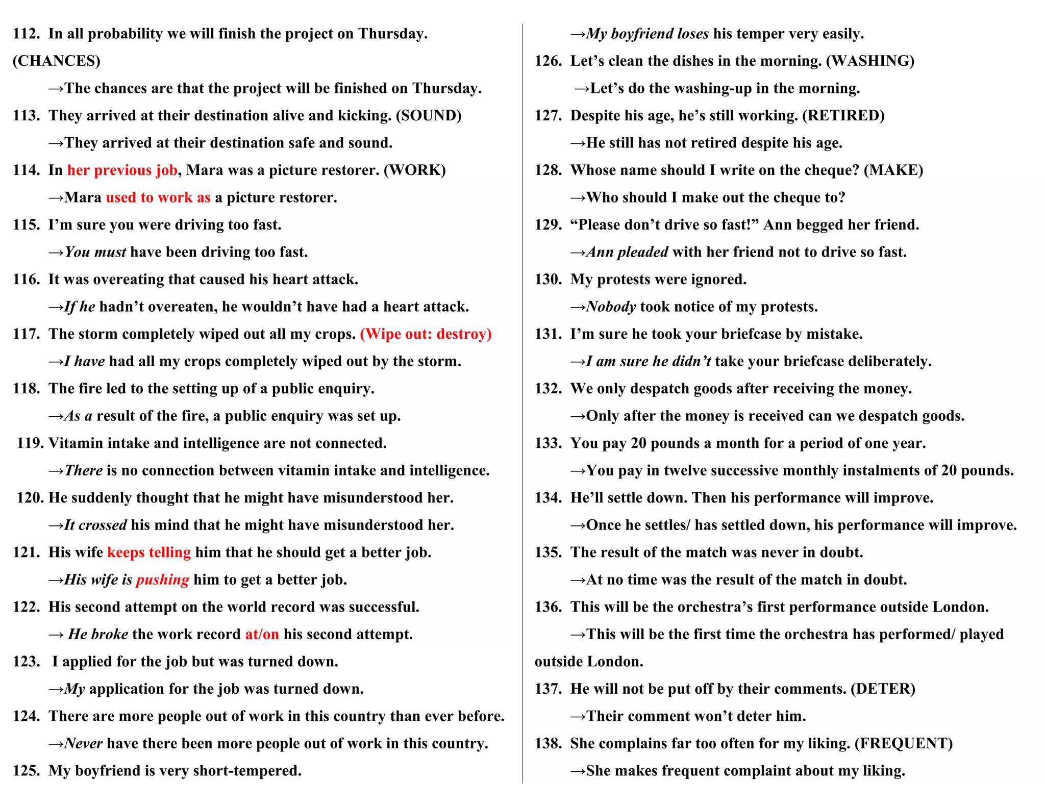 112. In all probability we will finish the project on Thursday.
(CHANCES)
→The chances are that the project will be finished on Thursday.
113. They arrived at their destination alive and kicking. (SOUND)
→They arrived at their destination safe and sound.
114. In her previous job, Mara was a picture restorer. (WORK)
→Mara used to work as a picture restorer.
115. I’m sure you were driving too fast.
→You must have been driving too fast.
116. It was overeating that caused his heart attack.
→If he hadn’t overeaten, he wouldn’t have had a heart attack.
117. The storm completely wiped out all my crops. (Wipe out: destroy)
→I have had all my crops completely wiped out by the storm.
118. The fire led to the setting up of a public enquiry.
→As a result of the fire, a public enquiry was set up.
119. Vitamin intake and intelligence are not connected.
→There is no connection between vitamin intake and intelligence.
120. He suddenly thought that he might have misunderstood her.
→It crossed his mind that he might have misunderstood her.
121. His wife keeps telling him that he should get a better job.
→His wife is pushing him to get a better job.
122. His second attempt on the world record was successful.
→ He broke the work record at/on his second attempt.
123. I applied for the job but was turned down.
→My application for the job was turned down.
124. There are more people out of work in this country than ever before.
→Never have there been more people out of work in this country.
125. My boyfriend is very short-tempered.
→My boyfriend loses his temper very easily.
126. Let’s clean the dishes in the morning. (WASHING)
→Let’s do the washing-up in the morning.
127. Despite his age, he’s still working. (RETIRED)
→He still has not retired despite his age.
128. Whose name should I write on the cheque? (MAKE)
→Who should I make out the cheque to?
129. “Please don’t drive so fast!” Ann begged her friend.
→Ann pleaded with her friend not to drive so fast.
130. My protests were ignored.
→Nobody took notice of my protests.
131. I’m sure he took your briefcase by mistake.
→I am sure he didn’t take your briefcase deliberately.
132. We only despatch goods after receiving the money.
→Only after the money is received can we despatch goods.
133. You pay 20 pounds a month for a period of one year.
→You pay in twelve successive monthly instalments of 20 pounds.
134. He’ll settle down. Then his performance will improve.
→Once he settles/ has settled down, his performance will improve.
135. The result of the match was never in doubt.
→At no time was the result of the match in doubt.
136. This will be the orchestra’s first performance outside London.
→This will be the first time the orchestra has performed/ played
outside London.
137. He will not be put off by their comments. (DETER)
→Their comment won’t deter him.
138. She complains far too often for my liking. (FREQUENT)
→She makes frequent complaint about my liking.
 