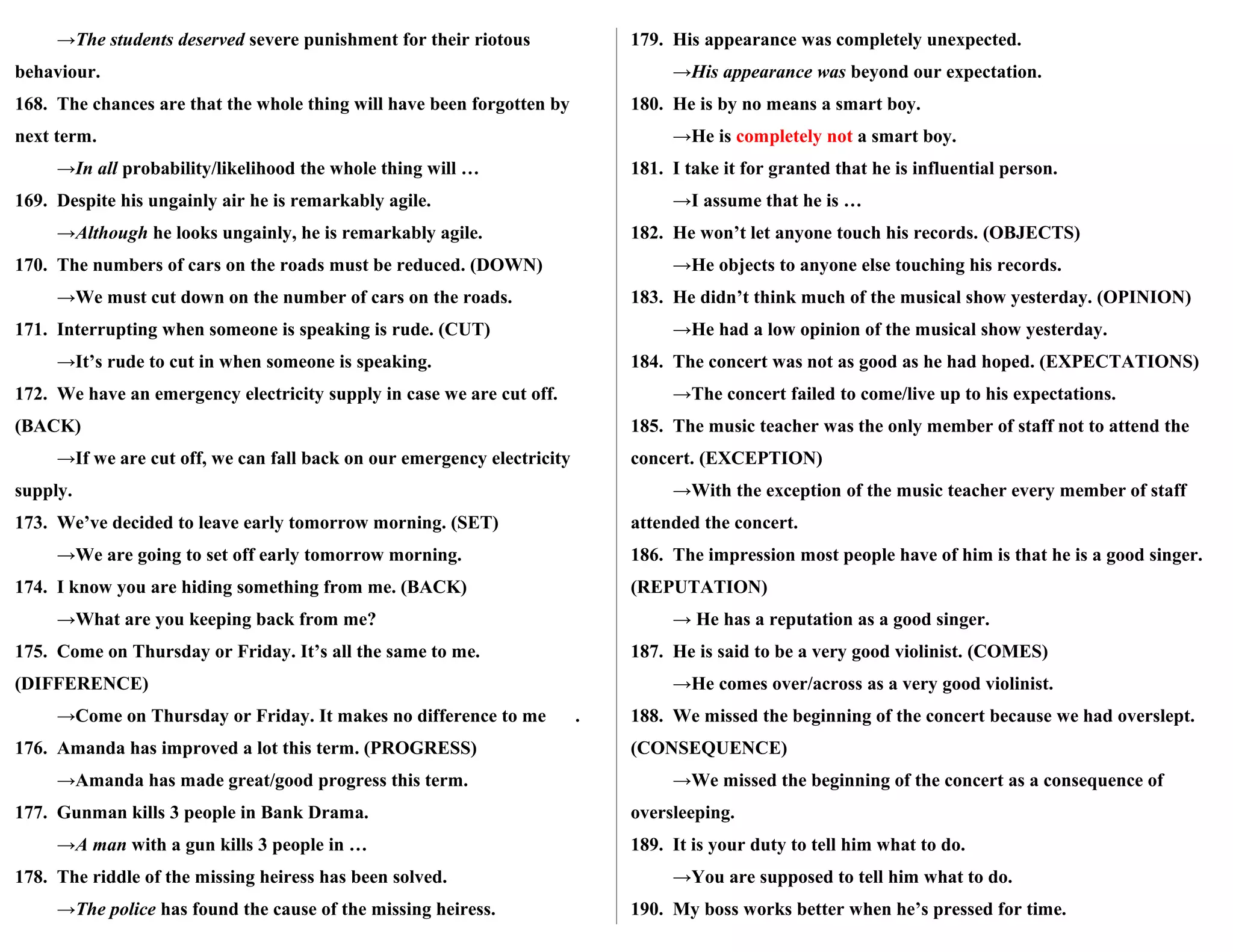 →The students deserved severe punishment for their riotous
behaviour.
168. The chances are that the whole thing will have been forgotten by
next term.
→In all probability/likelihood the whole thing will …
169. Despite his ungainly air he is remarkably agile.
→Although he looks ungainly, he is remarkably agile.
170. The numbers of cars on the roads must be reduced. (DOWN)
→We must cut down on the number of cars on the roads.
171. Interrupting when someone is speaking is rude. (CUT)
→It’s rude to cut in when someone is speaking.
172. We have an emergency electricity supply in case we are cut off.
(BACK)
→If we are cut off, we can fall back on our emergency electricity
supply.
173. We’ve decided to leave early tomorrow morning. (SET)
→We are going to set off early tomorrow morning.
174. I know you are hiding something from me. (BACK)
→What are you keeping back from me?
175. Come on Thursday or Friday. It’s all the same to me.
(DIFFERENCE)
→Come on Thursday or Friday. It makes no difference to me .
176. Amanda has improved a lot this term. (PROGRESS)
→Amanda has made great/good progress this term.
177. Gunman kills 3 people in Bank Drama.
→A man with a gun kills 3 people in …
178. The riddle of the missing heiress has been solved.
→The police has found the cause of the missing heiress.
179. His appearance was completely unexpected.
→His appearance was beyond our expectation.
180. He is by no means a smart boy.
→He is completely not a smart boy.
181. I take it for granted that he is influential person.
→I assume that he is …
182. He won’t let anyone touch his records. (OBJECTS)
→He objects to anyone else touching his records.
183. He didn’t think much of the musical show yesterday. (OPINION)
→He had a low opinion of the musical show yesterday.
184. The concert was not as good as he had hoped. (EXPECTATIONS)
→The concert failed to come/live up to his expectations.
185. The music teacher was the only member of staff not to attend the
concert. (EXCEPTION)
→With the exception of the music teacher every member of staff
attended the concert.
186. The impression most people have of him is that he is a good singer.
(REPUTATION)
→ He has a reputation as a good singer.
187. He is said to be a very good violinist. (COMES)
→He comes over/across as a very good violinist.
188. We missed the beginning of the concert because we had overslept.
(CONSEQUENCE)
→We missed the beginning of the concert as a consequence of
oversleeping.
189. It is your duty to tell him what to do.
→You are supposed to tell him what to do.
190. My boss works better when he’s pressed for time.
 