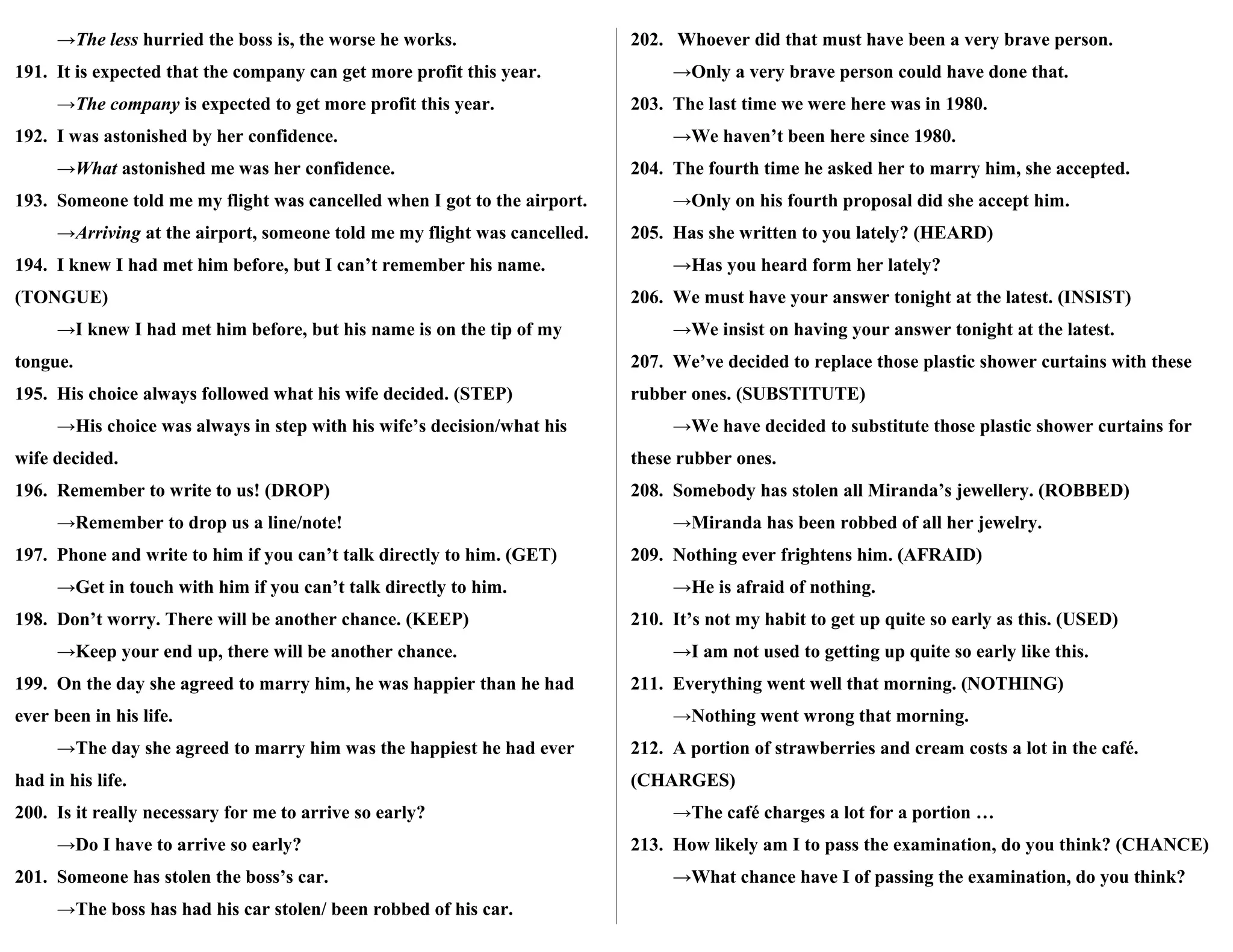 →The less hurried the boss is, the worse he works.
191. It is expected that the company can get more profit this year.
→The company is expected to get more profit this year.
192. I was astonished by her confidence.
→What astonished me was her confidence.
193. Someone told me my flight was cancelled when I got to the airport.
→Arriving at the airport, someone told me my flight was cancelled.
194. I knew I had met him before, but I can’t remember his name.
(TONGUE)
→I knew I had met him before, but his name is on the tip of my
tongue.
195. His choice always followed what his wife decided. (STEP)
→His choice was always in step with his wife’s decision/what his
wife decided.
196. Remember to write to us! (DROP)
→Remember to drop us a line/note!
197. Phone and write to him if you can’t talk directly to him. (GET)
→Get in touch with him if you can’t talk directly to him.
198. Don’t worry. There will be another chance. (KEEP)
→Keep your end up, there will be another chance.
199. On the day she agreed to marry him, he was happier than he had
ever been in his life.
→The day she agreed to marry him was the happiest he had ever
had in his life.
200. Is it really necessary for me to arrive so early?
→Do I have to arrive so early?
201. Someone has stolen the boss’s car.
→The boss has had his car stolen/ been robbed of his car.
202. Whoever did that must have been a very brave person.
→Only a very brave person could have done that.
203. The last time we were here was in 1980.
→We haven’t been here since 1980.
204. The fourth time he asked her to marry him, she accepted.
→Only on his fourth proposal did she accept him.
205. Has she written to you lately? (HEARD)
→Has you heard form her lately?
206. We must have your answer tonight at the latest. (INSIST)
→We insist on having your answer tonight at the latest.
207. We’ve decided to replace those plastic shower curtains with these
rubber ones. (SUBSTITUTE)
→We have decided to substitute those plastic shower curtains for
these rubber ones.
208. Somebody has stolen all Miranda’s jewellery. (ROBBED)
→Miranda has been robbed of all her jewelry.
209. Nothing ever frightens him. (AFRAID)
→He is afraid of nothing.
210. It’s not my habit to get up quite so early as this. (USED)
→I am not used to getting up quite so early like this.
211. Everything went well that morning. (NOTHING)
→Nothing went wrong that morning.
212. A portion of strawberries and cream costs a lot in the café.
(CHARGES)
→The café charges a lot for a portion …
213. How likely am I to pass the examination, do you think? (CHANCE)
→What chance have I of passing the examination, do you think?
 