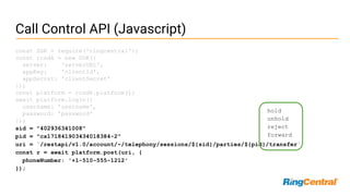 Call Control API (Javascript)
const SDK = require('ringcentral');
const rcsdk = new SDK({
server: 'serverURL',
appKey: 'cl...