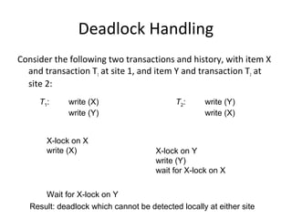 Deadlock Handling
Consider the following two transactions and history, with item X
and transaction T1 at site 1, and item Y and transaction T2 at
site 2:
T1:

write (X)
write (Y)

X-lock on X
write (X)

T2:

write (Y)
write (X)

X-lock on Y
write (Y)
wait for X-lock on X

Wait for X-lock on Y
Result: deadlock which cannot be detected locally at either site

 
