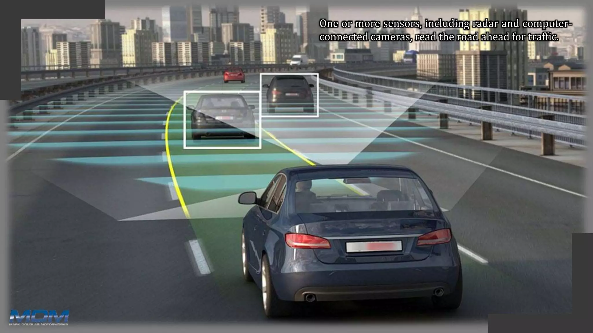 One or more sensors, including radar and computer-
connected cameras, read the road ahead for traffic.
 