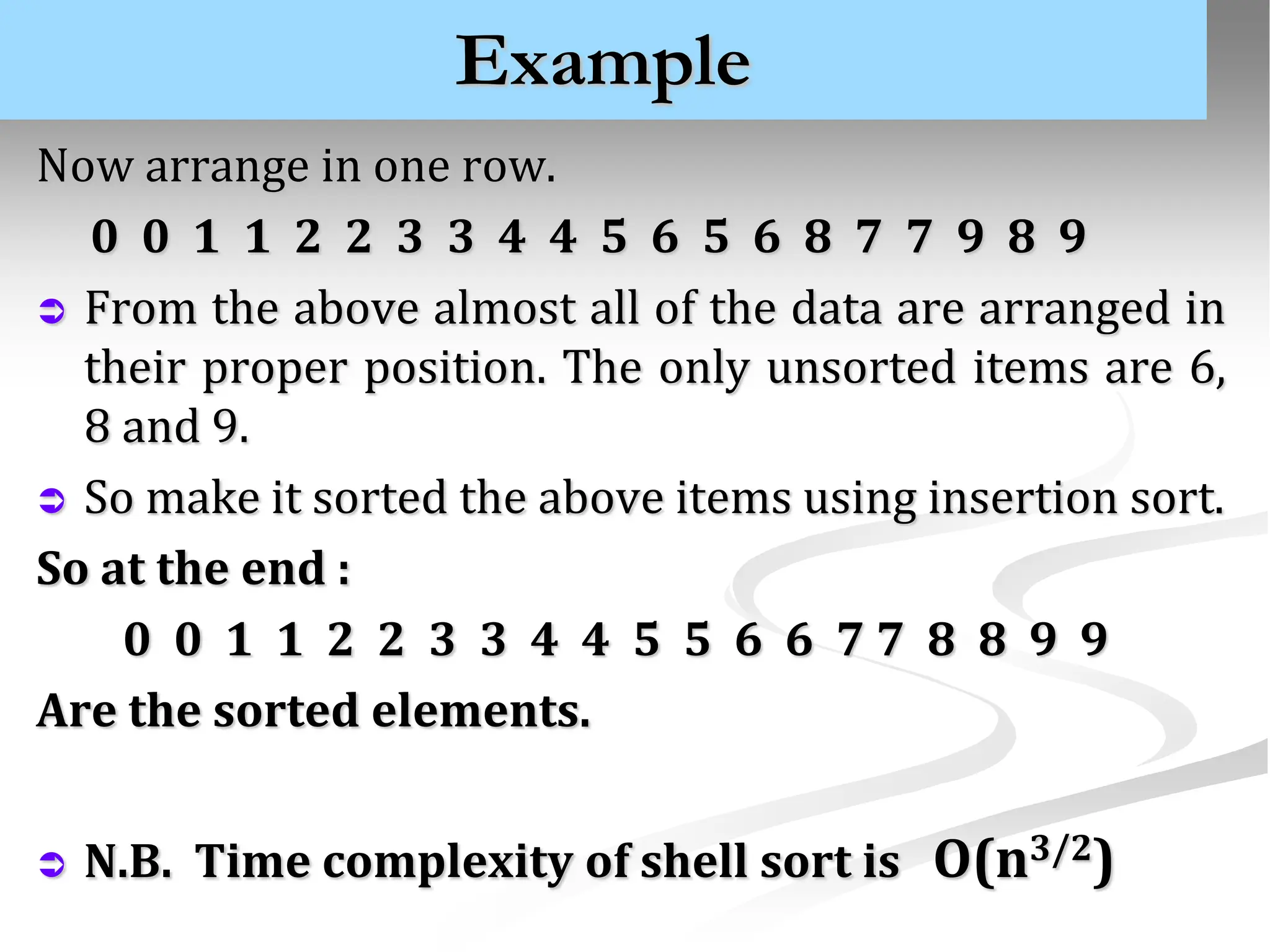 Example Now arrange in one row. 0 0 1 1 2 2 3 3 4 4 5 6 5 6 8 7 7 9 8 9  From the above almost all of the data are arranged in their proper position. The only unsorted items are 6, 8 and 9.  So make it sorted the above items using insertion sort. So at the end : 0 0 1 1 2 2 3 3 4 4 5 5 6 6 7 7 8 8 9 9 Are the sorted elements.  N.B. Time complexity of shell sort is O(n3/2) 