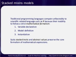 Stacked mixins models
Scala stacked traits and abstract values preserve the core
formalism of mathematical expressions.
Tr...
