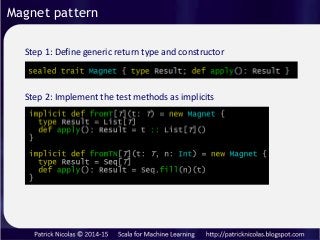 Magnet pattern
Step 1: Define generic return type and constructor
Step 2: Implement the test methods as implicits
 