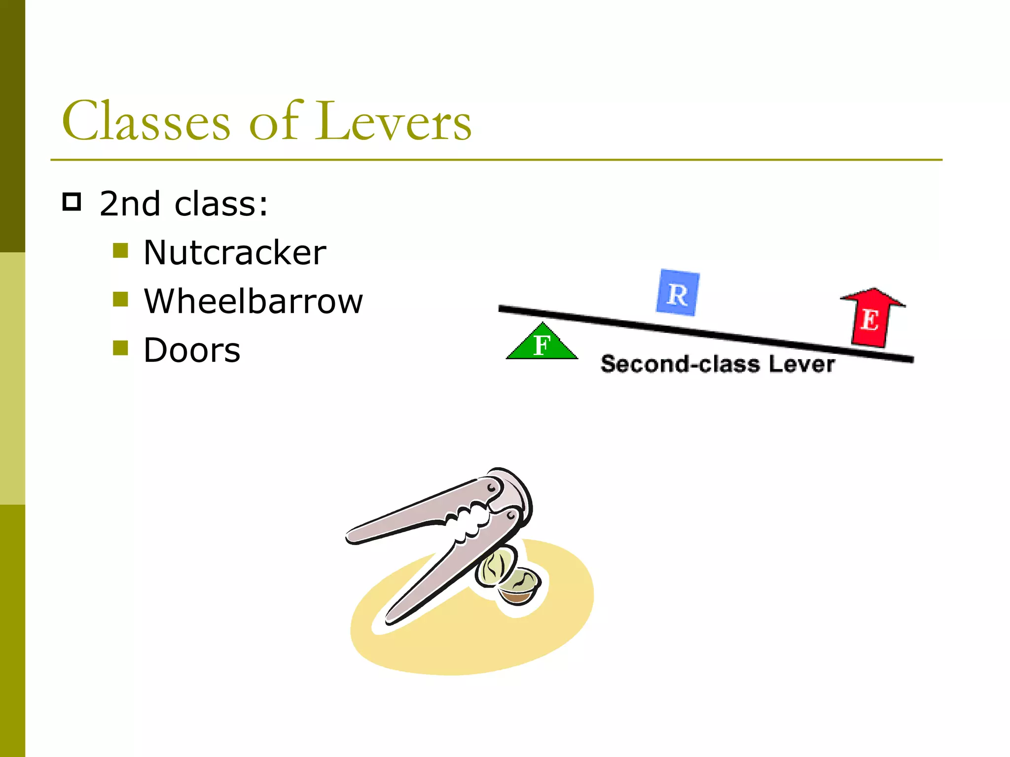 Classes of Levers 2nd class: Nutcracker Wheelbarrow Doors 