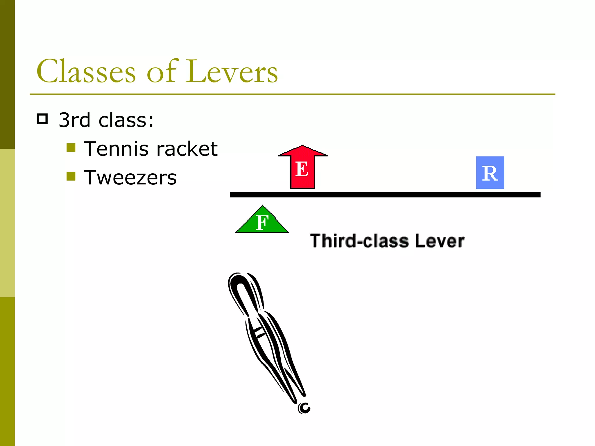 Classes of Levers 3rd class: Tennis racket  Tweezers  