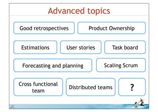 Advanced topics
          Good retrospectives          Product Ownership


           Estimations       User stories       Task board


           Forecasting and planning          Scaling Scrum


          Cross functional
               team
                                Distributed teams      ?
© iLean
 