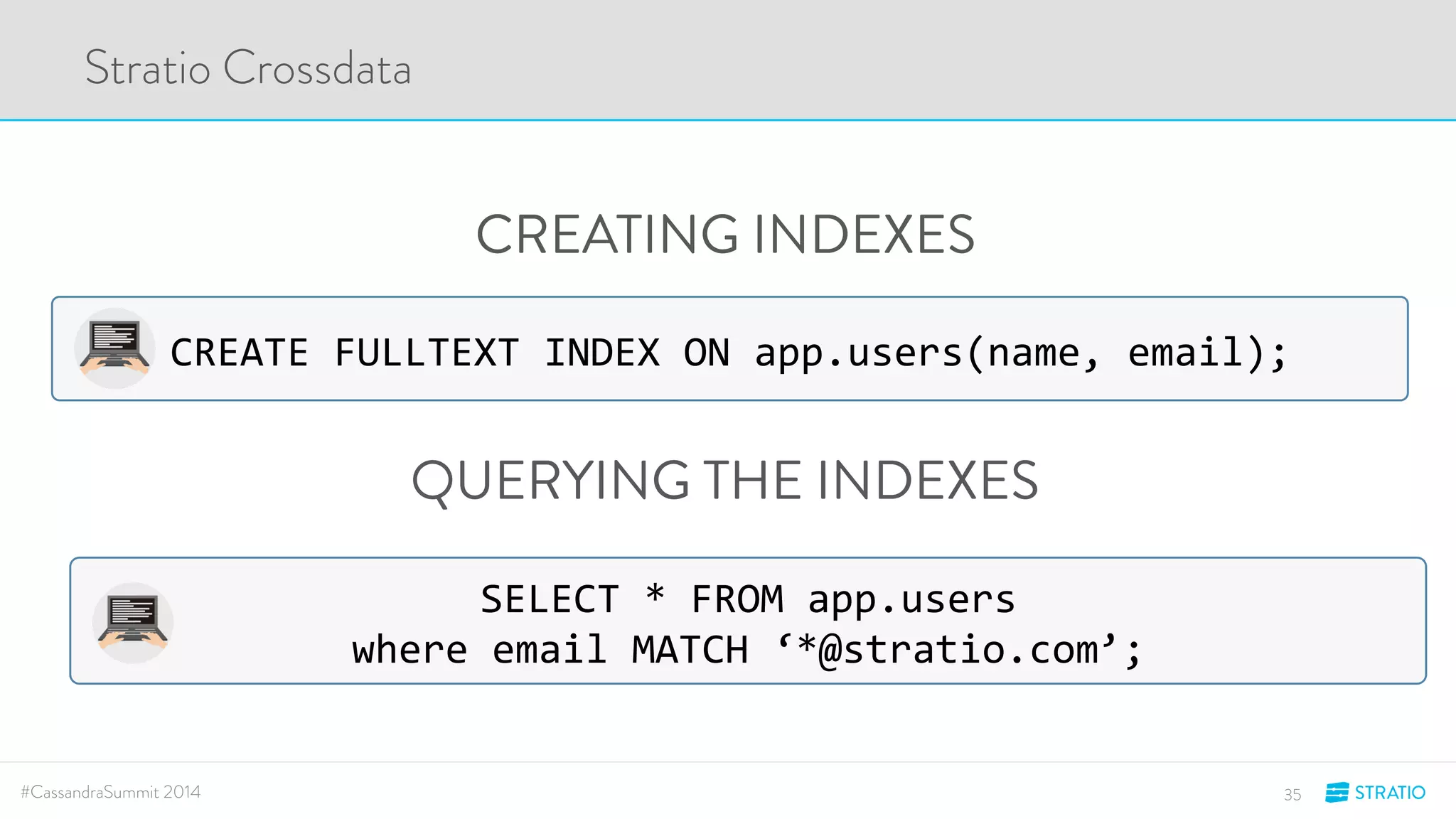 CREATING INDEXES 
Stratio Crossdata 
CREATE'FULLTEXT'INDEX'ON'app.users(name,'email);' 
QUERYING THE INDEXES 
SELECT'*'FROM'app.users'' 
where'email'MATCH'‘*@stratio.com’;' 
#CassandraSummit 2014 35 
 