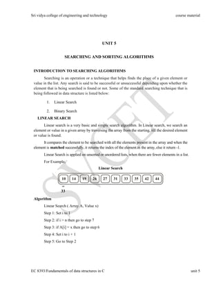 Sri vidya college of engineering and technology course material
EC 8393/Fundamentals of data structures in C unit 5
10 14 19 26 27 31 33 35 42 44
UNIT 5
SEARCHING AND SORTING ALGORITHMS
INTRODUCTION TO SEARCHING ALGORITHMS
Searching is an operation or a technique that helps finds the place of a given element or
value in the list. Any search is said to be successful or unsuccessful depending upon whether the
element that is being searched is found or not. Some of the standard searching technique that is
being followed in data structure is listed below:
1. Linear Search
2. Binary Search
LINEAR SEARCH
Linear search is a very basic and simple search algorithm. In Linear search, we search an
element or value in a given array by traversing the array from the starting, till the desired element
or value is found.
It compares the element to be searched with all the elements present in the array and when the
element is matched successfully, it returns the index of the element in the array, else it return -1.
Linear Search is applied on unsorted or unordered lists, when there are fewer elements in a list.
For Example,
Linear Search
=
33
Algorithm
Linear Search ( Array A, Value x)
Step 1: Set i to 1
Step 2: if i > n then go to step 7
Step 3: if A[i] = x then go to step 6
Step 4: Set i to i + 1
Step 5: Go to Step 2
 