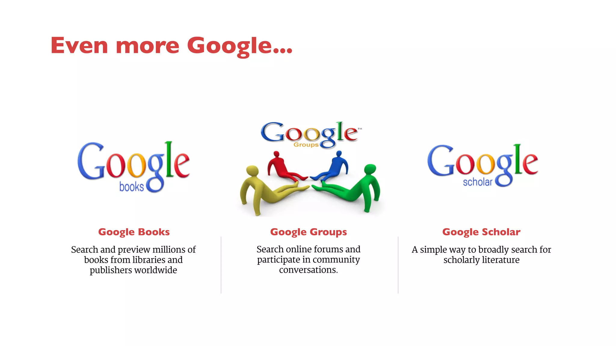Google Books 
Google Groups 
Search online forums and 
participate in community 
conversations. 
Google Scholar 
Search and preview millions of 
books from libraries and 
publishers worldwide 
A simple way to broadly search for 
scholarly literature 
Even more Google... 
 