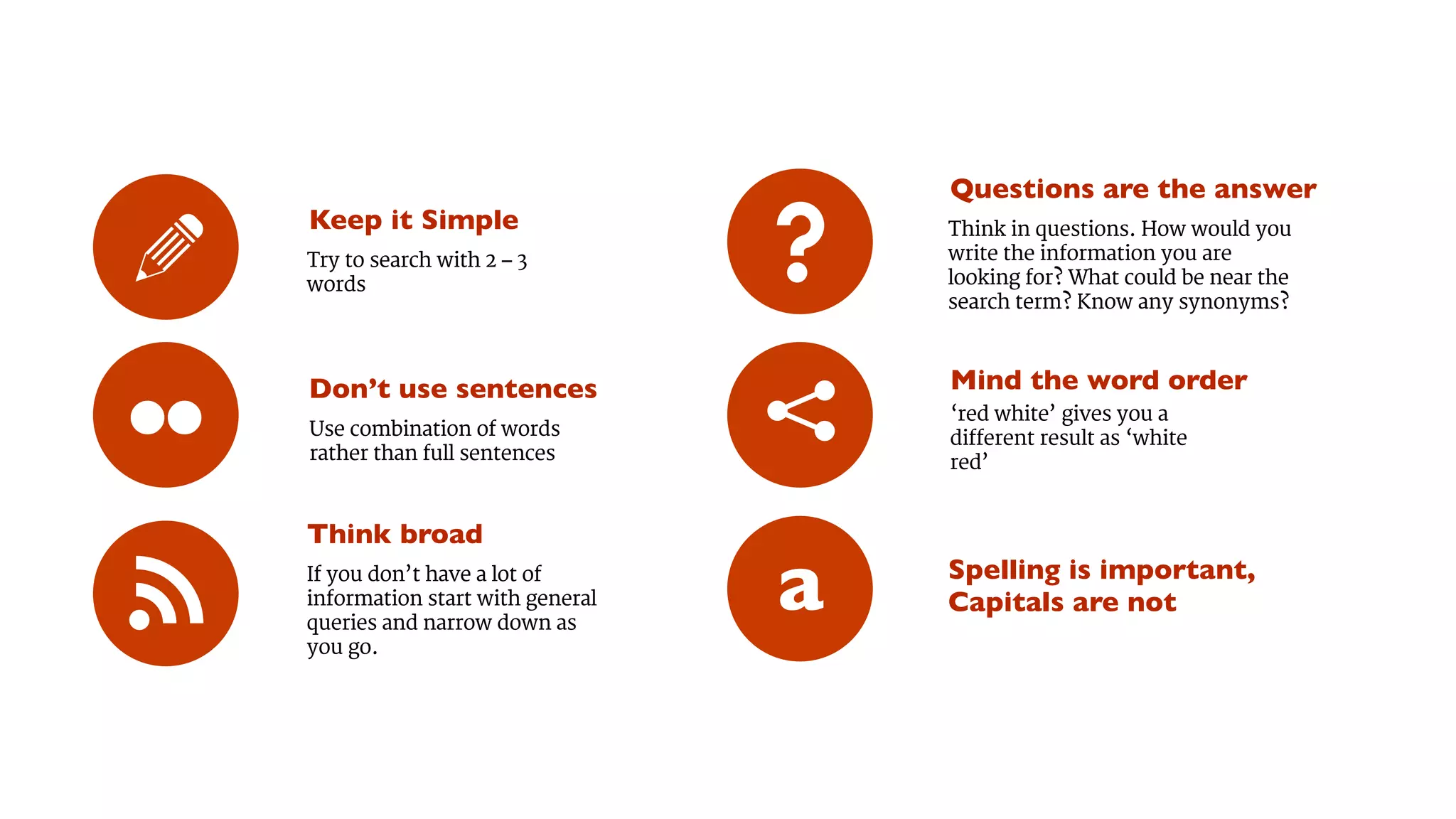 Questions are the answer 
Think in questions. How would you 
write the information you are 
looking for? What could be near the 
search term? Know any synonyms? 
q Mind the word order 
‘red white’ gives you a 
different result as ‘white 
red’ 
Spelling is important, 
Capitals are not 
a Keep it Simple 
Try to search with 2 – 3 
words 
“ Don’t use sentences 
Use combination of words 
rather than full sentences 
r 
Think broad 
If you don’t have a lot of 
information start with general 
queries and narrow down as 
you go. 
? 
w 
a 
 