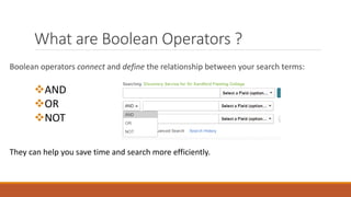 What are Boolean Operators ?
Boolean operators connect and define the relationship between your search terms:
AND
OR
NOT
They can help you save time and search more efficiently.
 
