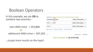 Boolean Operators
In this example, we use OR to
combine two searches:
teen AND crime = 353,884
+
adolescent AND crime = 307,103
…to get more results on the topic!
 