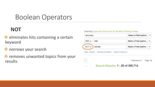 Boolean Operators
NOT
 eliminates hits containing a certain
keyword
 narrows your search
 removes unwanted topics from your
results
 