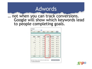 Adwords <ul><li>… not when you can track conversions. Google will show which keywords lead to people completing goals. </l...