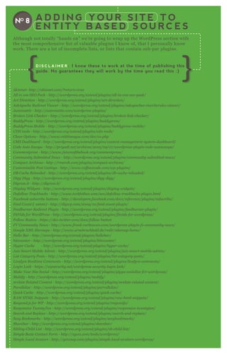 A D D I N G Y O U R S I T E T O
E N T I T Y B A S E D S O U R C E S
NO 8
A kisme t- http://akisme t.com/? re tu rn = tru e
A l l in on e S E O P ack - http://wordpre ss.org/e x te n d/pl u gin s/al l - in - on e - se o- pack/
A rt D ire ction - http://wordpre ss.org/e x te n d/pl u gin s/art- dire ction /
A skA pache R e dire ct V ie we r - http://wordpre ss.org/e x te n d/pl u gin s/askapache s- re write ru l e s- v ie we r/
A u tomattic - http://au tomattic.com/wordpre ss- pl u gin s/
B roke n L in k C he cke r - http://wordpre ss.org/e x te n d/pl u gin s/b roke n - l in k- che cke r/
B u ddy P re ss - http://wordpre ss.org/e x te n d/pl u gin s/b u ddy pre ss/
B u ddy P re ss M ob il e - http://wordpre ss.org/e x te n d/pl u gin s/b u ddy pre ss- mob il e /
C D N tool s - http://wordpre ss.org/e x te n d/pl u gin s/cdn - tool s/
C l e an O ption s - http://www.mittin e agu e .com/de v /co.php
C M S D ashb oard - http://wordpre ss.org/e x te n d/pl u gin s/con te n t- man age me n t- sy ste m- dashb oard/
C ode A u to E scape - http://priy adi.n e t/archiv e s/2 0 0 5 /0 9 /2 7 /wordpre ss- pl u gin - code - au toe scape /
C omme n tpre ss - http://www.fu tu re ofthe b ook.org/comme n tpre ss/
C ommu n ity S u b mitte d N e ws - http://wordpre ss.org/e x te n d/pl u gin s/commu n ity - su b mitte d- n e ws/
C ompact A rchiv e s - http://rmarsh.com/pl u gin s/compact- archiv e s/
C u stomiz ab l e P ost L istin gs - http://www.coffe e 2 code .com/wp- pl u gin s/
D B C ache R e l oade d - http://wordpre ss.org/e x te n d/pl u gin s/db - cache - re l oade d/
D igg D igg - http://wordpre ss.org/e x te n d/pl u gin s/digg- digg/
D igre ss.it - http://digre ss.it/
D ispl ay W idge ts - http://wordpre ss.org/e x te n d/pl u gin s/displ ay - widge ts/
D ofol l ow T rackb acks - http://www.tu rkhitb ox .com/se o/dofol l ow- trackb acks- pl u gin .html
F ace b ook su b scrib e b u tton s - http://de v e l ope rs.face b ook.com/docs/re fe re n ce /pl u gin s/su b scrib e /
F e e d C ou n t (c u stom) - http://digwp.com/2 0 0 9 /1 0 /fe e d- cou n t- pl u gin /
F e e db u rn e r R e dire ct P l u gin - http://wordpre ss.org/e x te n d/pl u gin s/fe e db u rn e r- pl u gin /
F itV ids for W ordP re ss - http://wordpre ss.org/e x te n d/pl u gin s/fitv ids- for- wordpre ss/
F ol l ow B u tton - https://de v .twitte r.com/docs/fol l ow- b u tton
F V C ommu n ity N e ws - http://www.fran k- v e rhoe v e n .com/wordpre ss- pl u gin - fv - commu n ity - n e ws/
G oogl e X M L S ite maps - http://www.arn e b rachhol d.de /re dir/site map- home /
H e l l o B ar - http://wordpre ss.org/e x te n d/pl u gin s/he l l ob ar/
hitcou n te r - http://wordpre ss.org/e x te n d/pl u gin s/hitcou n te r/
H y pe r C ache - http://wordpre ss.org/e x te n d/pl u gin s/hy pe r- cache /
J u iz S mart M ob il e A dmin - http://wordpre ss.org/e x te n d/pl u gin s/j u iz - smart- mob il e - admin /
L ist C ate gory P osts - http://wordpre ss.org/e x te n d/pl u gin s/l ist- cate gory - posts/
L iv e fy re R e al time C omme n ts - http://wordpre ss.org/e x te n d/pl u gin s/l iv e fy re - comme n ts/
L ogin L ock - https://wpse cu rity .n e t/wordpre ss- se cu rity - l ogin - l ock/
M ake Y ou r S ite S ocial - http://wordpre ss.org/e x te n d/pl u gin s/gigy a- social iz e - for- wordpre ss/
M ob ify - http://wordpre ss.org/e x te n d/pl u gin s/mob ify /
n re l ate R e l ate d C on te n t - http://wordpre ss.org/e x te n d/pl u gin s/n re l ate - re l ate d- con te n t/
P aral l e l iz e - http://wordpre ss.org/e x te n d/pl u gin s/parral l e l iz e /
Q u ick C ache - http://wordpre ss.org/e x te n d/pl u gin s/q u ick- cache /
R A W H T M L S n ippe ts - http://wordpre ss.org/e x te n d/pl u gin s/raw- html - sn ippe ts/
R e spon d.j s for W P - http://wordpre ss.org/e x te n d/pl u gin s/re spon dj s/
R e spon siv e T we n ty T e n - http://wordpre ss.org/e x te n d/pl u gin s/re spon siv e - twe n ty te n /
S e arch an d R e pl ace - http://wordpre ss.org/e x te n d/pl u gin s/se arch- an d- re pl ace /
S e x y B ookmarks - http://wordpre ss.org/e x te n d/pl u gin s/se x y b ookmarks/
S hare b ar - http://wordpre ss.org/e x te n d/pl u gin s/share b ar/
S ib l in g- C hil d L ist - http://wordpre ss.org/e x te n d/pl u gin s/sb - chil d- l ist/
S impl e B asic C on tact F orm - http://x y css.com/tool s/wordpre ss/
S impl e L ocal A v atars - http://ge t1 0 u p.com/pl u gin s/simpl e - l ocal - av atars- wordpre ss/
S impl e :P re ss – F oru m P l u gin - http://simpl e - pre ss.com/
S impl y E x cl u de - http://www.code hool igan s.com/proj e cts/wordpre ss/simpl y - e x cl u de /
A lthough not totally “ hands on” we’ re going to wrap up the W ordP ress section with
the most comprehensive list of valuable plugins I know of, that I personally know
work. T here are a lot of incomplete lists, or lists that contain sub- par plugins.
D I S C L A I M E R : I know these to work at the time of publishing this
guide. No guarantees they will work by the time you read this :)
 