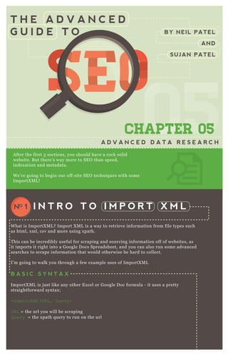 T H E A D V A N C E D
G U I D E T O
0505050505CHAPTER 05
A D V A N C E D D A T A R E S E A R C H
A fter the first 5 sections, you should have a rock solid
website. B ut there’ s way more to SE O than speed,
index ation and metadata.
W e’ re going to begin our off- site SE O techniq ues with some
ImportX M L !
W hat is ImportX M L ? Import X M L is a way to retrieve information from file types such
as html, x ml, csv and more using x path.
T his can be incredibly useful for scraping and sourcing information off of websites, as
it imports it right into a G oogle D ocs Spreadsheet, and you can also run some advanced
searches to scrape information that would otherwise be hard to collect.
I’ m going to walk you through a few ex ample uses of ImportX M L
B A S I C S Y N T A X
ImportX M L is j ust like any other E x cel or G oogle D oc formula - it uses a pretty
straightforward syntax ;
=importX ML ( UR L , Q uery)
UR L = the url you will be scraping
Q uery = the x path q uery to run on the url
B A S I C E X A M P L E
S C R A P I N G Q U I C K S P R O U T F O R H 1 T A G S
Create a new G oogle D oc Spreadsheet
I N T R O T O I M P O R T X M LNO 1
BY NEIL PATEL
AND
SUJAN PATEL
SEOSEOSEO
050505
SEO
050505
SEOSEOSEOSEO
050505
SEO
050505
SEO
050505
SEO
050505
SEOSEOSEOSEOSEOSEOSEOSEOSEOSEO
05
SEO
05
SEO
05
SEO
05
SEO
05
SEO
05
SEO
05
SEO
05050505
SEO
050505
SEO
050505
SEO
050505
SEO
050505
SEO
050505
SEO
050505
SEO
050505
SEOSEOSEOSEOSEOSEOSEOSEOSEOSEOSEOSEOSEOSEOSEOSEOSEOSEOSEOSEOSEOSEOSEOSEOSEOSEOSEOSEOSEOSEOSEOSEOSEOSEOSEOSEOSEOSEOSEOSEOSEOSEOSEOSEOSEOSEOSEOSEOSEOSEOSEOSEOSEOSEOSEOSEOSEOSEOSEOSEOSEOSEOSEOSEOSEOSEOSEOSEO
 