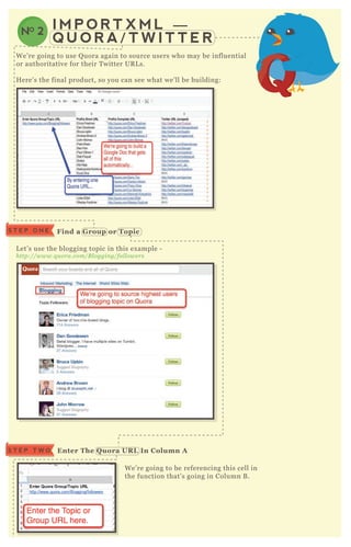 I M P O R T X M L —
Q U O R A / T W I T T E R
NO 2
W e’ re going to use Q uora again to source users who may be influential
or authoritative for their T witter UR L s.
H ere’ s the final product, so you can see what we’ ll be building:
L et’ s use the blogging topic in this ex ample -
http://www.q u ora.com/B l oggin g/fol l owe rs
W e’ re going to be referencing this cell in
the function that’ s going in Column B .
Enter The Q uora UR L I n C olumn AS T E P T W O
S T E P O N E Find a G roup or Topic
 