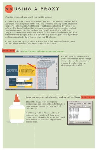 W hat is a prox y and why would you want to use one?
A prox y acts like the middle man between you and other servers. In other words,
they make you an on y mou s on the web. You appear to be using the IP address of
the prox y, and not yours. A nd this is perfect for rank checking if you use local
software like R ank T racker. R un too many automated G oogle searches to check
rankings from your location, and you run the risk of sending a red flag to
G oogle. N ote that some people use prox ies for less than ethical means, and I do
not recommend doing so. B ut it is a fantastic way to check your rankings without
sending unusual activity to G oogle from your IP address.
So how to you use a prox y? I have a simple but little known method for you to
find and check dozens of free prox y addresses all at once.
You will see a list of free public
prox y IP addresses. T hese change
often, so be sure to refresh your
browser if you have had the
window open for a while.
T his is the magic step! Since prox y
addresses go bad so q uickly and often, its a
huge waste of time to try them each all
individually.
H it “ M anage” , then “ T est” . A fter a few
minutes, your prox ies will have been
tested. K eep following the steps, and you’ ll
have a clean list of dozens of prox ies to
choose from.
Select “ T ransfer G ood P rox ies to
M ain L ist” under “ E x port” . You
will then be left with a clean list
of working prox ies.
U S I N G A P R O X YNO 9
S T E P O N E G o to http : //www. rosinstrum ent. com /p rox y/
S T E P T W OC opy and paste prox ies into S crapebox to Test Them
R eturn G ood Prox ies B ack To M ain L ist
 
