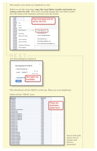 This marks every items as a duplicate or not.
Before we do the next step, copy the true/false results and paste as
values onto its self. This won’t visually change the true/false results -
but will remove the formulas and leave just the words.
sort descending by column B
This should put all the TRUE’s at the top. These are your duplicates.
Delete all the “TRUE” rows.
You’re left with
about 100 of
unique and
diverse
keywords!
N E X T
 